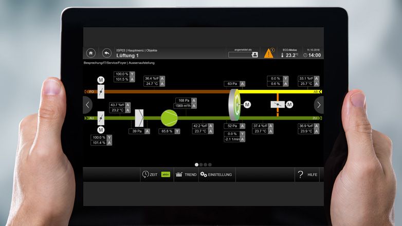 Un tablet mostra un software di automazione degli edifici con il menu principale e il controllo dei sistemi di ventilazione.