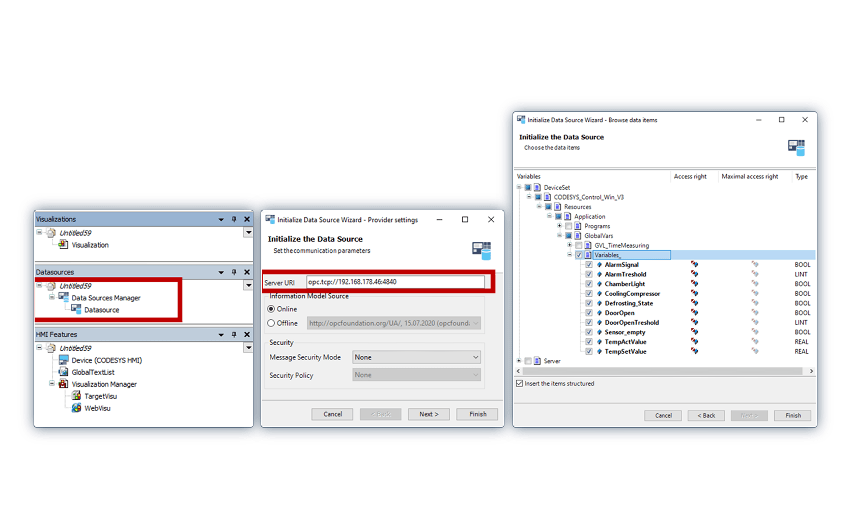L'ambiente CODESYS mostra la configurazione di una sorgente dati OPC UA, compresi l'URI del server e i diritti di accesso al punto dati.