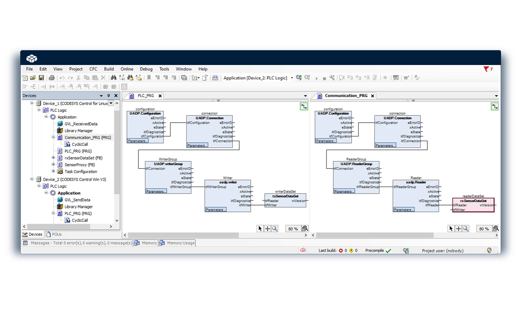 Schermata del software CODESYS con interfaccia di programmazione PLC.