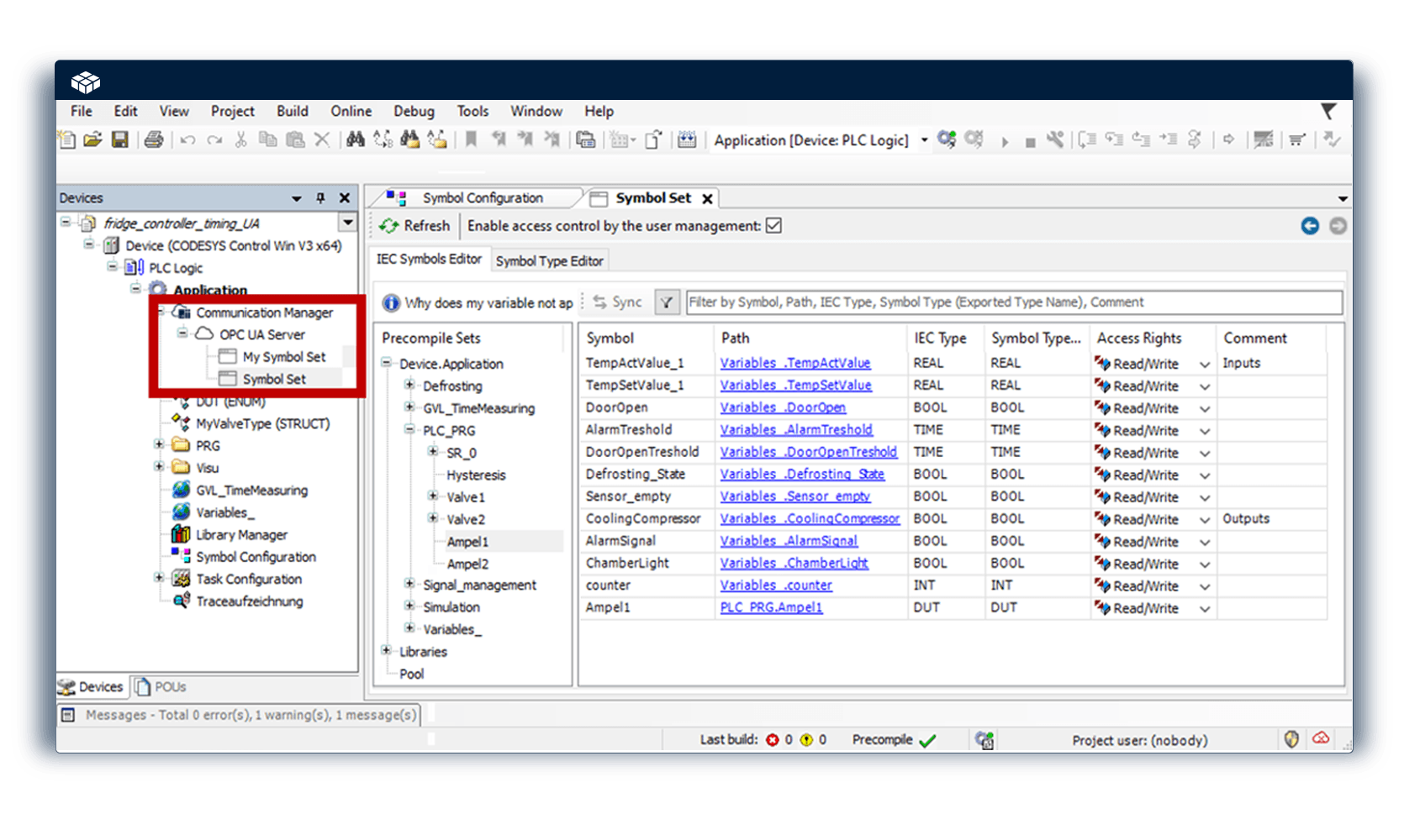 L'ambiente di sviluppo CODESYS mostra la configurazione del server OPC UA con la gestione dei set di simboli per lo scambio di dati nell'automazione.